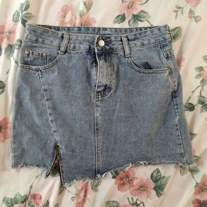 Asymmetrical Hem Distressed Denim Jean Skirt